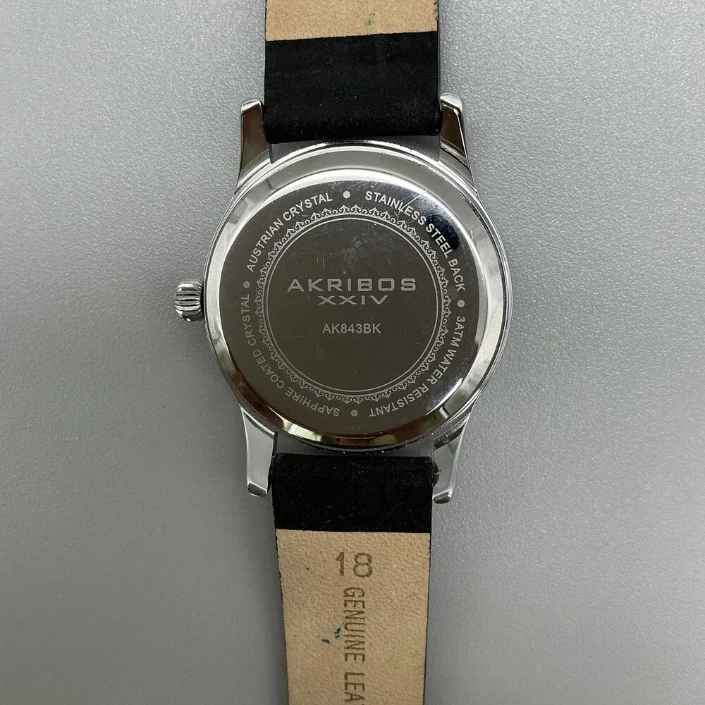 Akribos XXIV Womens Watch 34mmSilver Tone MOP Leather Crystals New Battery